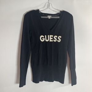 Guess Jeans Womens Sweater Pullover Black Gold Trim Logo V Neck Size S-M